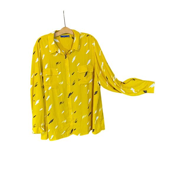 Apt. 9 Yellow Print Button Down Blouse Women’s Plus 3X Long Sleeve - Picture 1 of 6